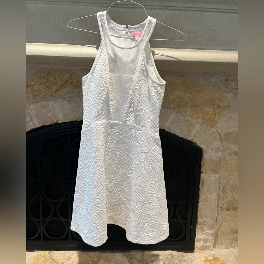 White floral Lilly Pulitzer dress with mesh top detail.